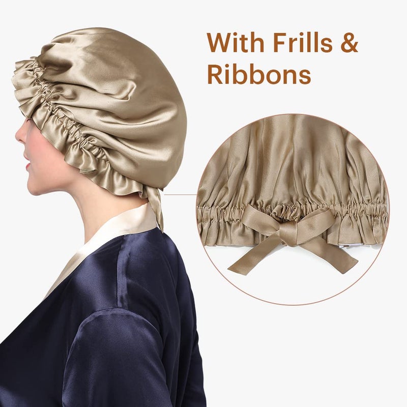 LilySilk Pure Silk Lined Cap for Women Sleep, Double Layered, Adjustable Ribbons, Luxury Natural Silk Bonnet Cap for Sleeping Coffee+White - Image 4